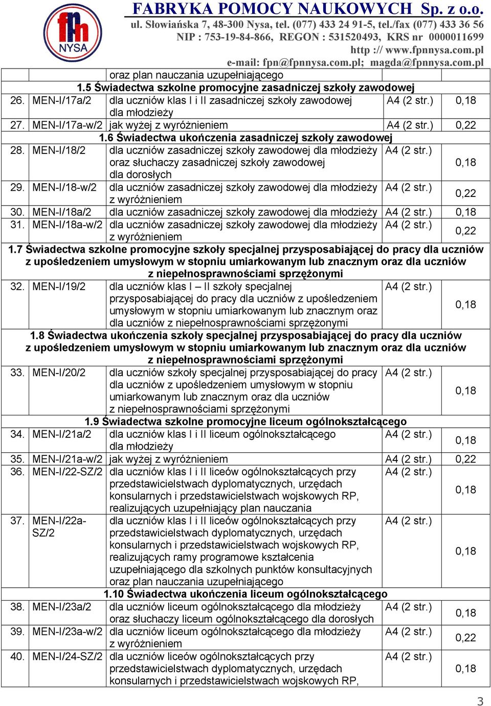 MEN-I/18/2 dla uczniów zasadniczej szkoły zawodowej dla młodzieży oraz słuchaczy zasadniczej szkoły zawodowej dla dorosłych 29.