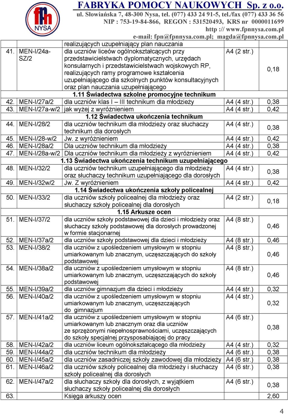 dla szkolnych punktów konsultacyjnych oraz plan nauczania uzupełniającego 1.11 Świadectwa szkolne promocyjne technikum 42. MEN-I/27a/2 dla uczniów klas I III technikum dla młodzieży A4 (4 str.
