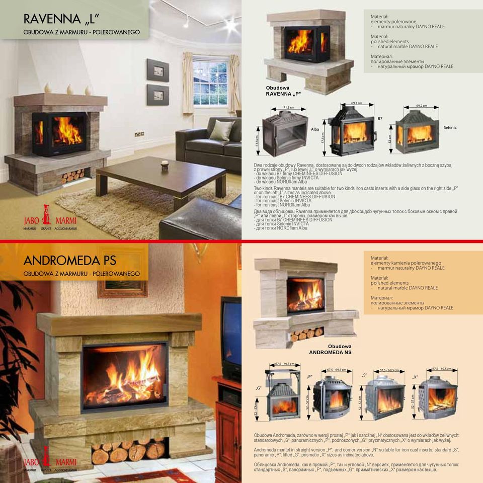 wkładu Selenic firmy INVICTA - do wkładu NORDflam Alba Two kinds Ravenna mantels are suitable for two kinds iron casts inserts with a side glass on the right side or on the left L sizes as indicated
