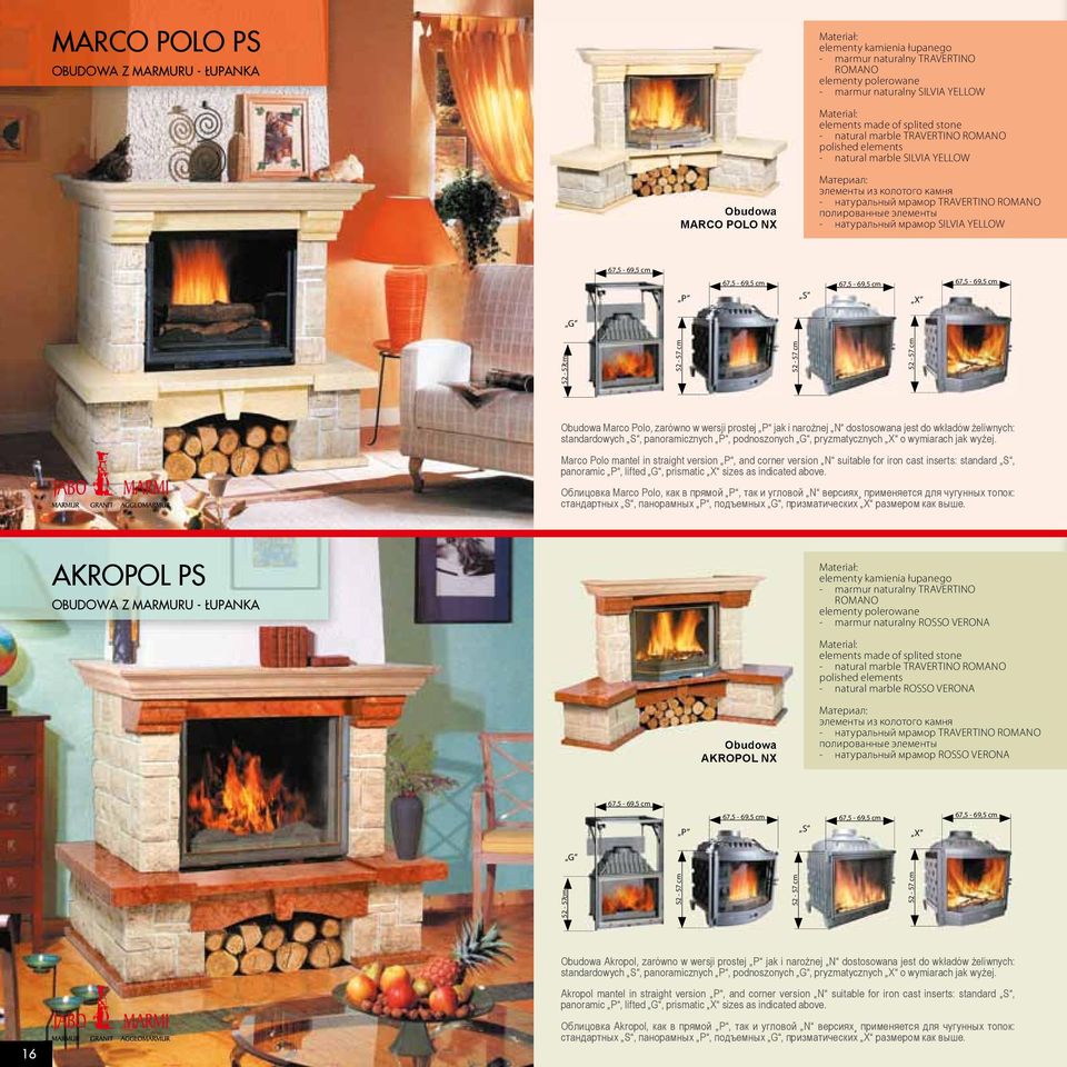 i narożnej N dostosowana jest do wkładów żeliwnych: Marco Polo mantel in straight version P, and corner version N suitable for iron cast inserts: standard S, Облицовка Marco Polo, как в прямой P, так