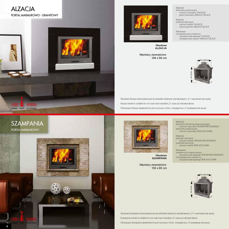 Alzacja mantel is suitable for iron cast insert standard S sizes as indicated above. Облицовка Alzacja применяется для чугунных топок: стандартных S размером как выше.
