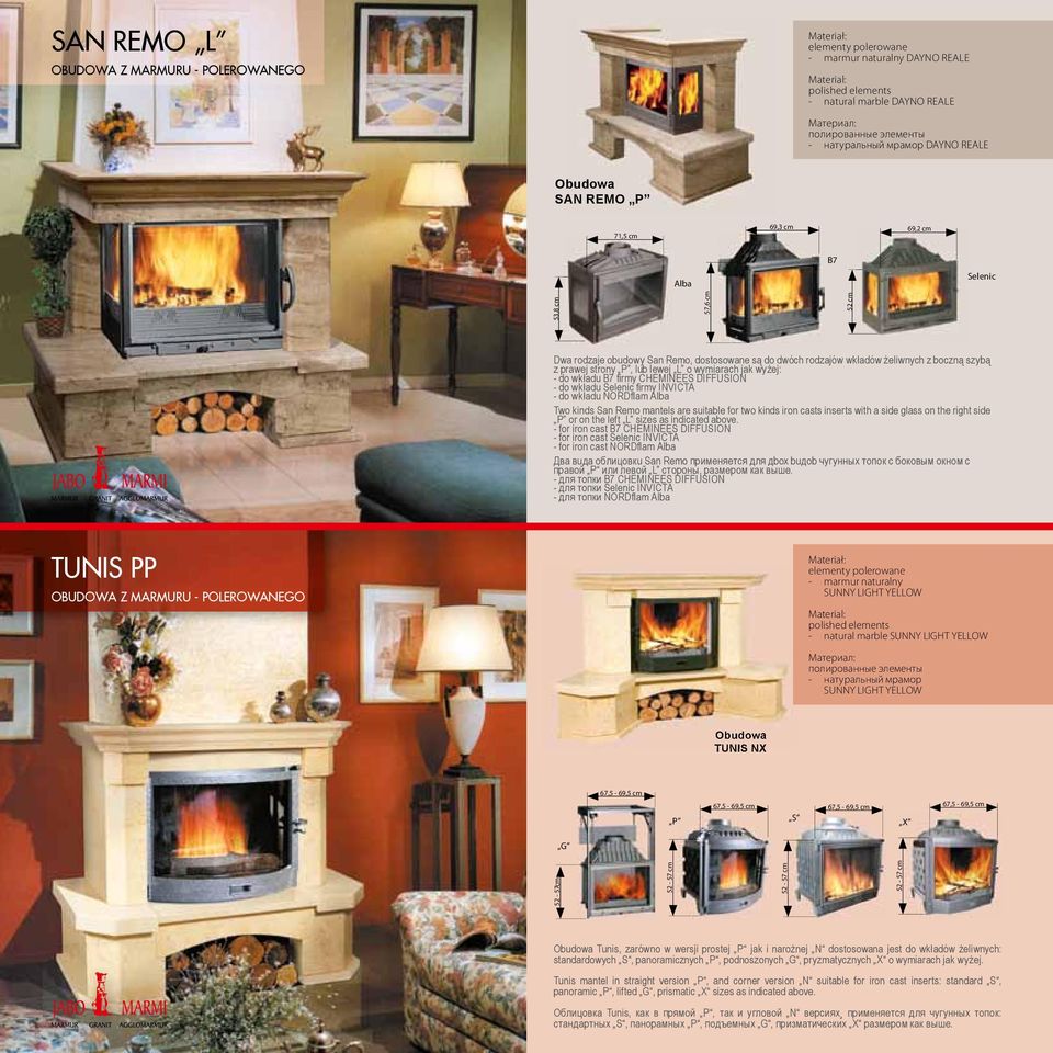 firmy INVICTA - do wkładu NORDflam Alba Two kinds San Remo mantels are suitable for two kinds iron casts inserts with a side glass on the right side or on the left L sizes as indicated above.