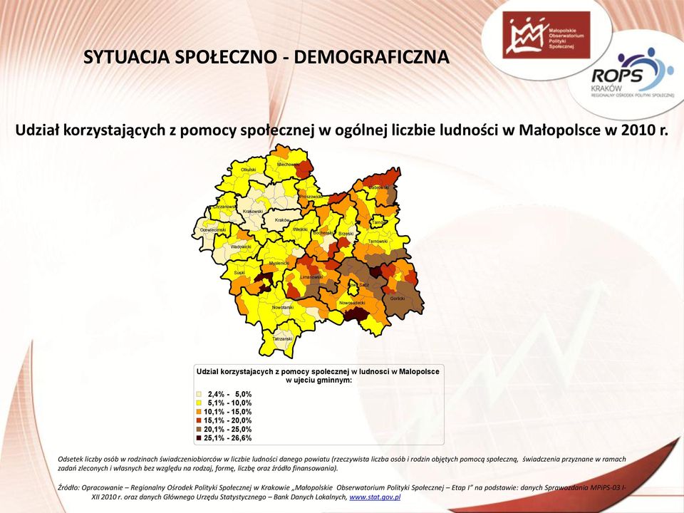 rodzinach świadczeniobiorców w liczbie ludności danego powiatu (rzeczywista liczba osób i rodzin objętych pomocą społeczną, świadczenia przyznane w ramach zadań zleconych i własnych bez względu na