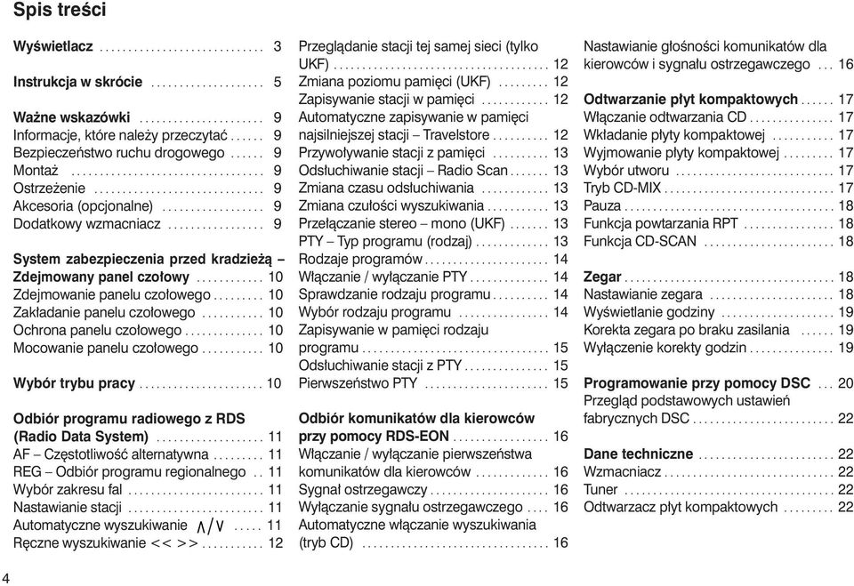 ................ 9 System zabezpieczenia przed kradzie à Zdejmowany panel czo owy............ 10 Zdejmowanie panelu czo owego......... 10 Zak adanie panelu czo owego........... 10 Ochrona panelu czo owego.