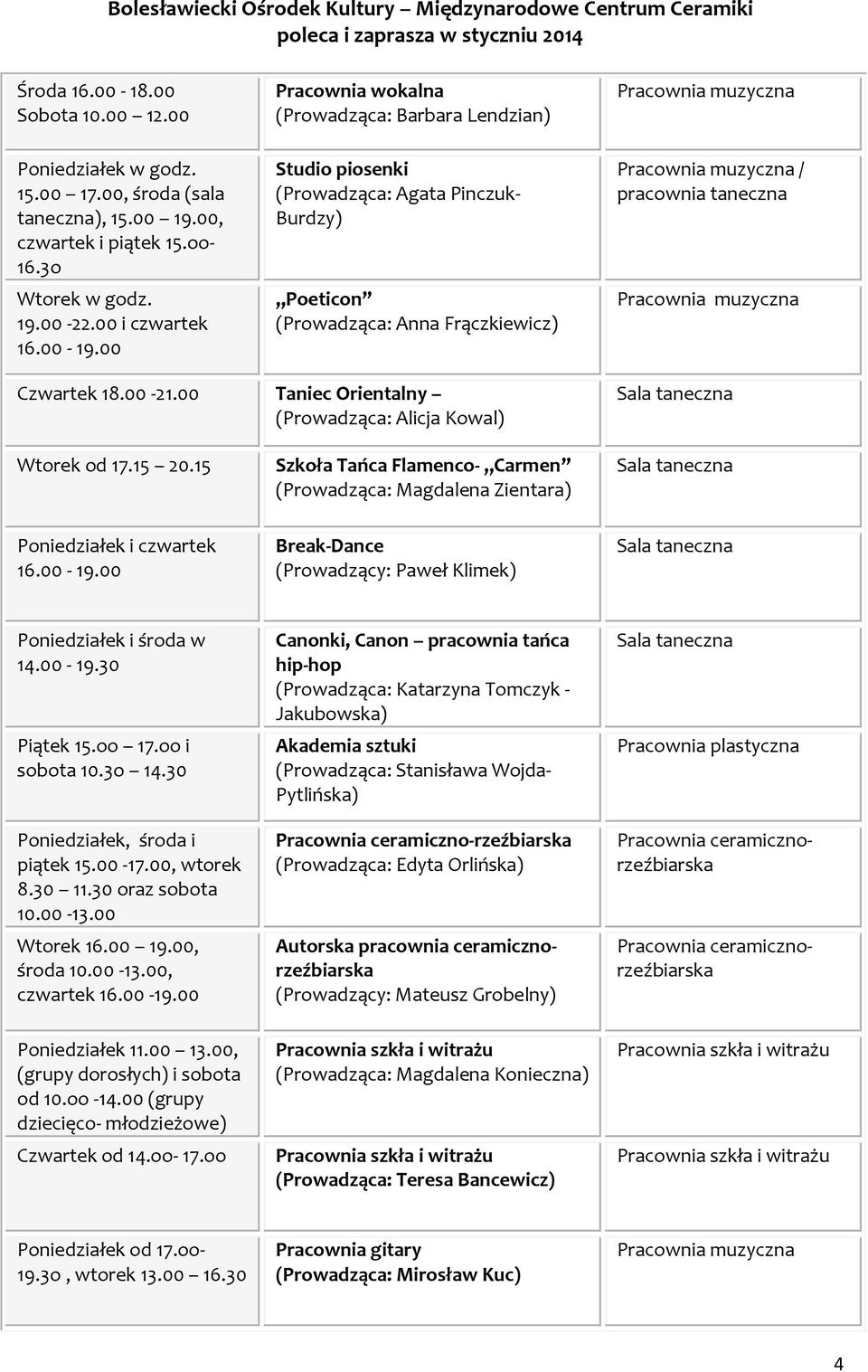 00 Taniec Orientalny (Prowadząca: Alicja Kowal) Wtorek od 17.15 20.15 Szkoła Tańca Flamenco- Carmen (Prowadząca: Magdalena Zientara) Poniedziałek i czwartek 16.