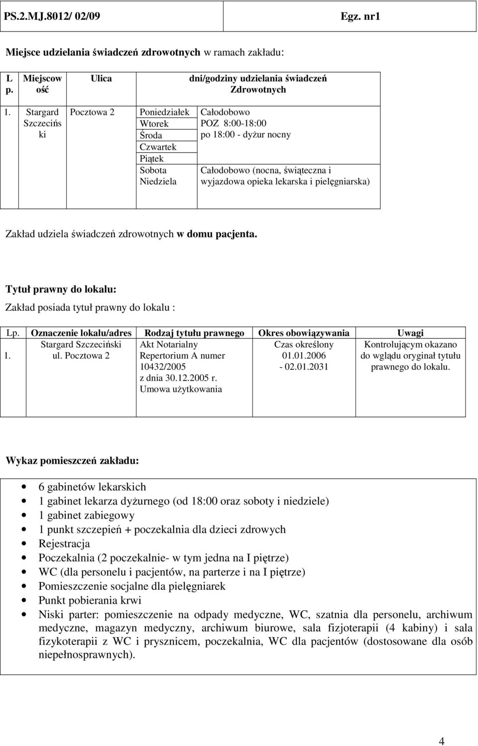 i pielęgniarska) Zakład udziela świadczeń zdrowotnych w domu pacjenta. Tytuł prawny do lokalu: Zakład posiada tytuł prawny do lokalu : Lp.