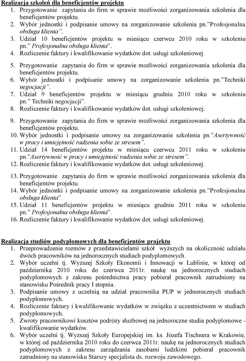 usługi szkoleniowej. 5. Przygotowanie zapytania do firm w sprawie możliwości zorganizowania szkolenia dla 6. Wybór jednostki i podpisanie umowy na zorganizowanie szkolenia pn. Techniki negocjacji. 7.