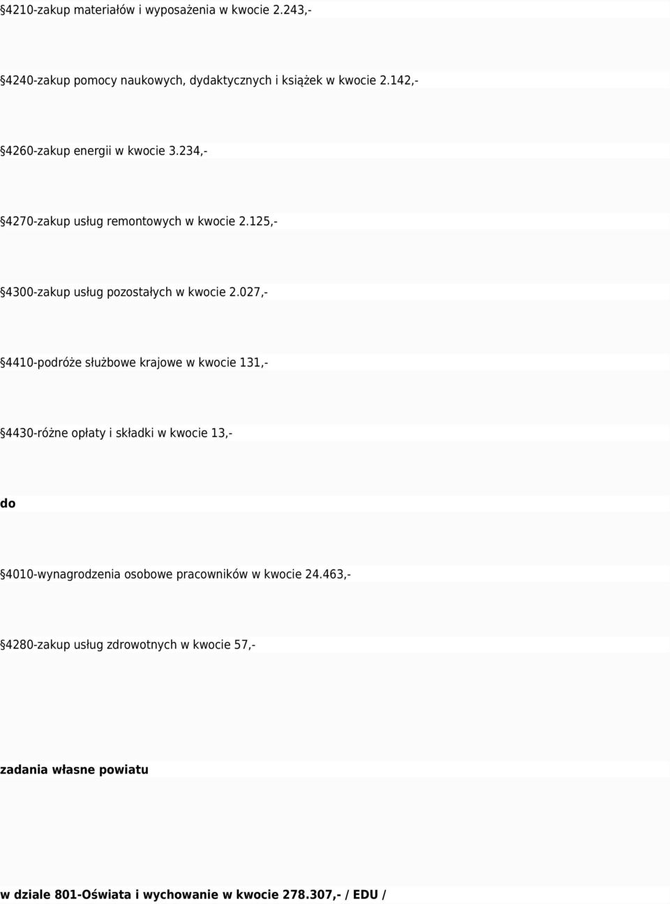 027,- 4410-podróże służbowe krajowe w kwocie 131,- 4430-różne opłaty i składki w kwocie 13,- 4010-wynagrodenia osobowe