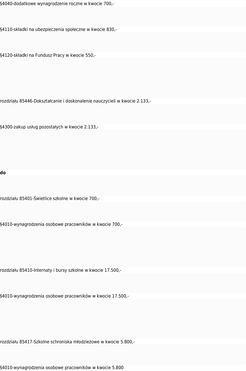 133,- rodiału 85401-Świetlice skolne w kwocie 700,- 4010-wynagrodenia osobowe pracowników w kwocie 700,- rodiału 85410-Internaty i bursy skolne
