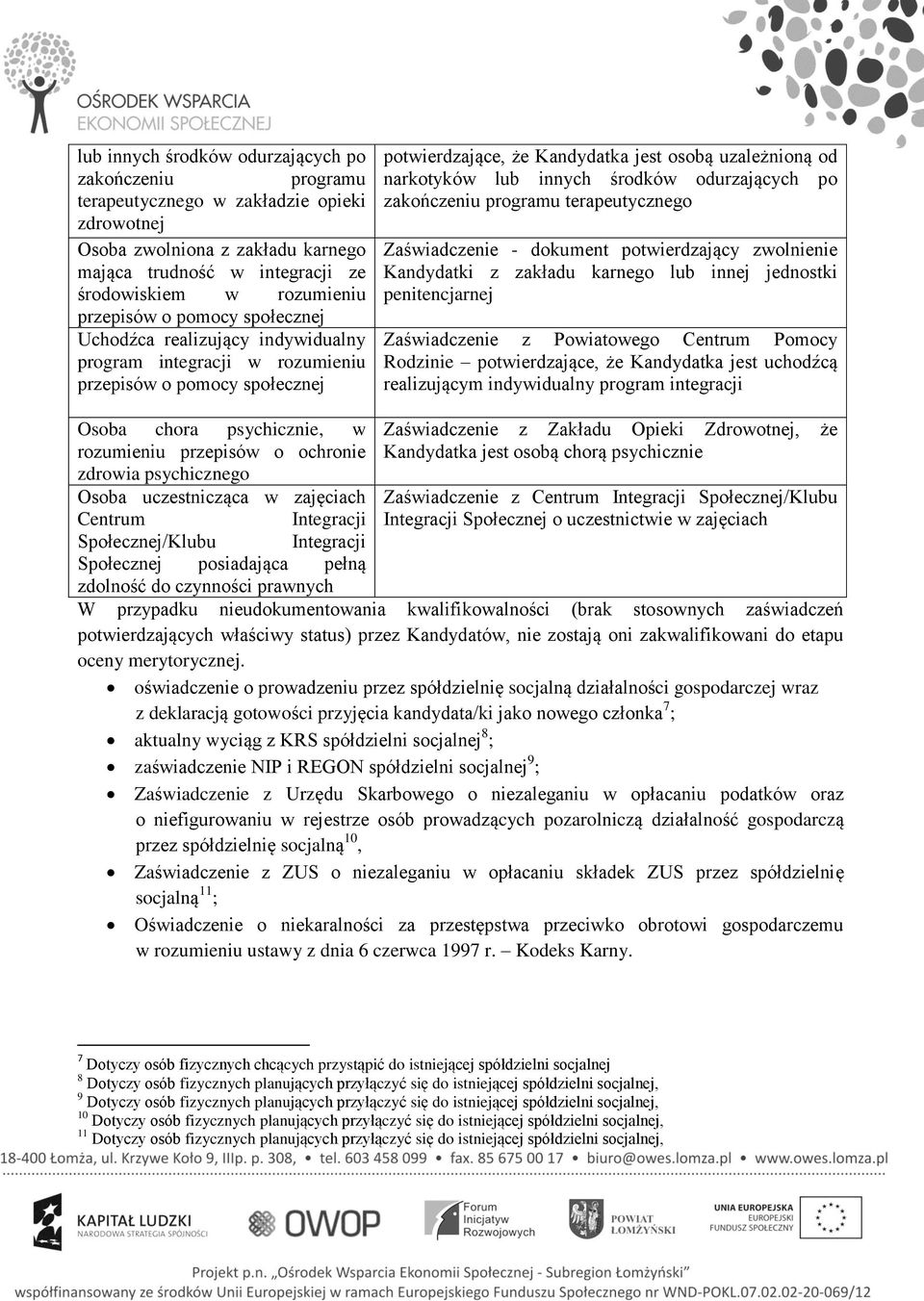 innych środków odurzających po zakończeniu programu terapeutycznego Zaświadczenie - dokument potwierdzający zwolnienie Kandydatki z zakładu karnego lub innej jednostki penitencjarnej Zaświadczenie z