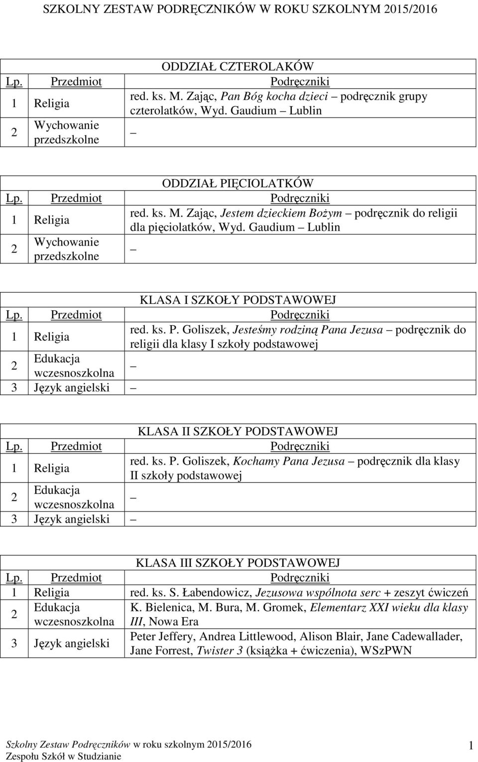 ks. P. Goliszek, Kochamy Pana Jezusa podręcznik dla klasy II szkoły podstawowej Edukacja wczesnoszkolna Język angielski KLASA III SZ