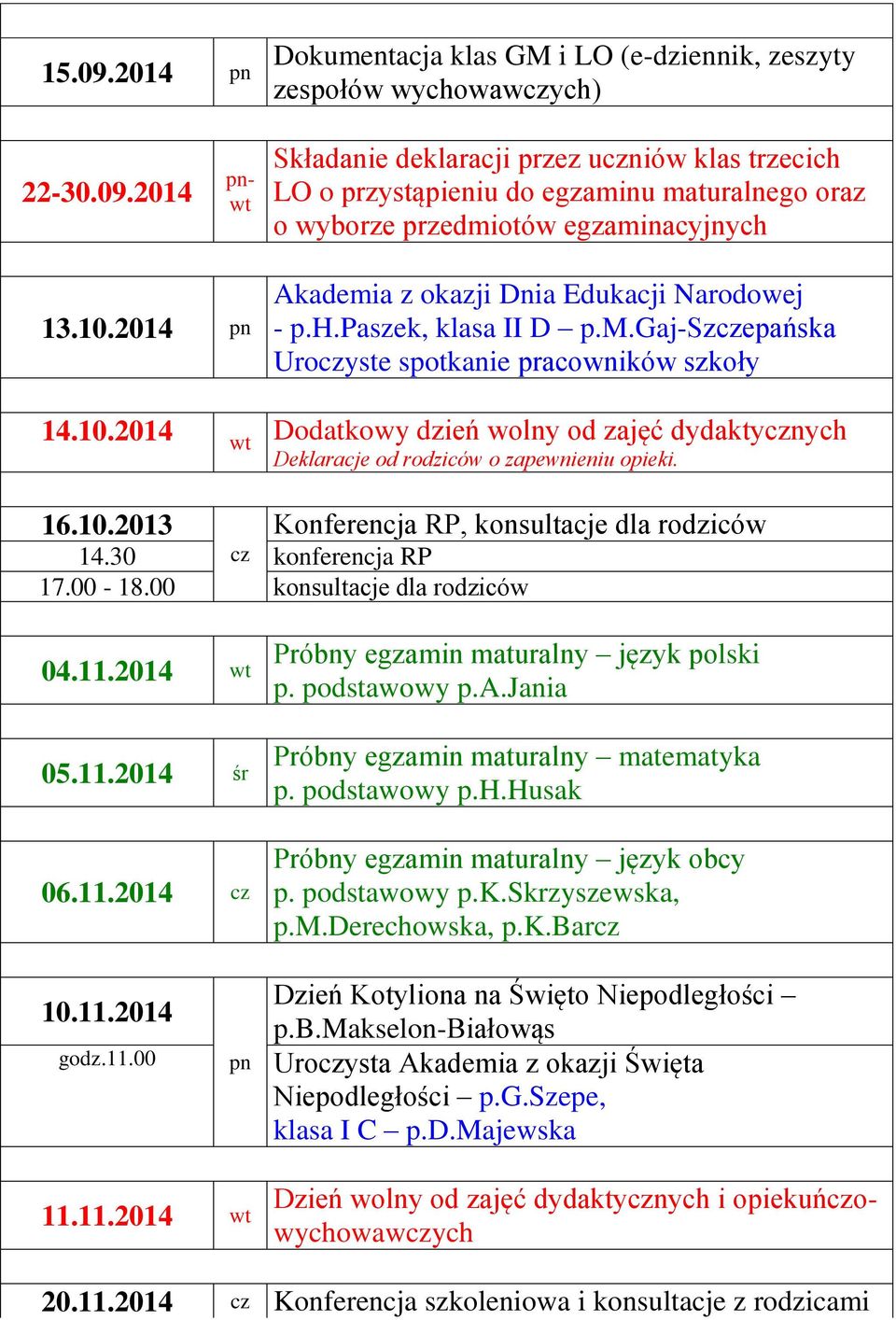 16.10.2013 Konferencja RP, konsultacje dla rodziców 14.30 konferencja RP 17.00-18.00 konsultacje dla rodziców 04.11.2014 wt 05.11.2014 śr 06.11.2014 Próbny egzamin maturalny język polski p.