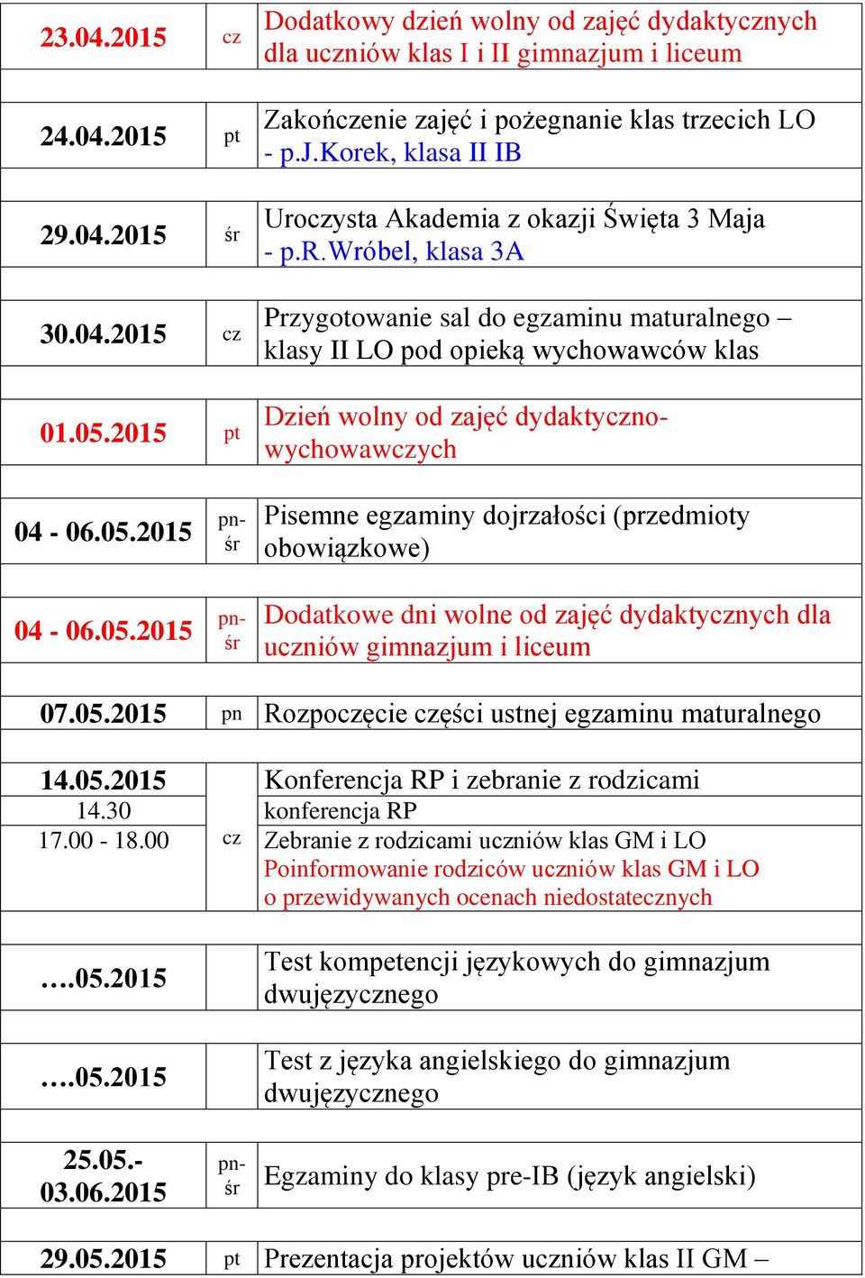 2015 04-06.05.2015 Pisemne egzaminy dojrzałości (przedmioty obowiązkowe) Dodatkowe dni wolne od zajęć dydaktynych dla uniów gimnazjum i liceum 07.05.2015 pn Rozpoęcie ęści ustnej egzaminu maturalnego 14.