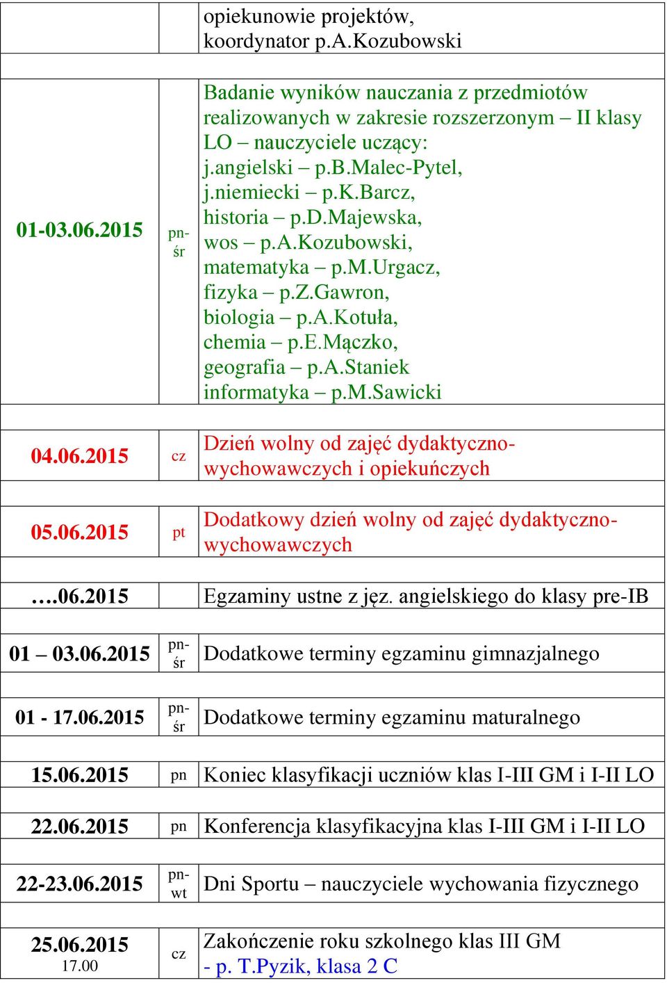 m.sawicki Dzień wolny od zajęć dydaktynowychowawych i opiekuńych Egzaminy ustne z jęz. angielskiego do klasy pre-ib 01 03.06.