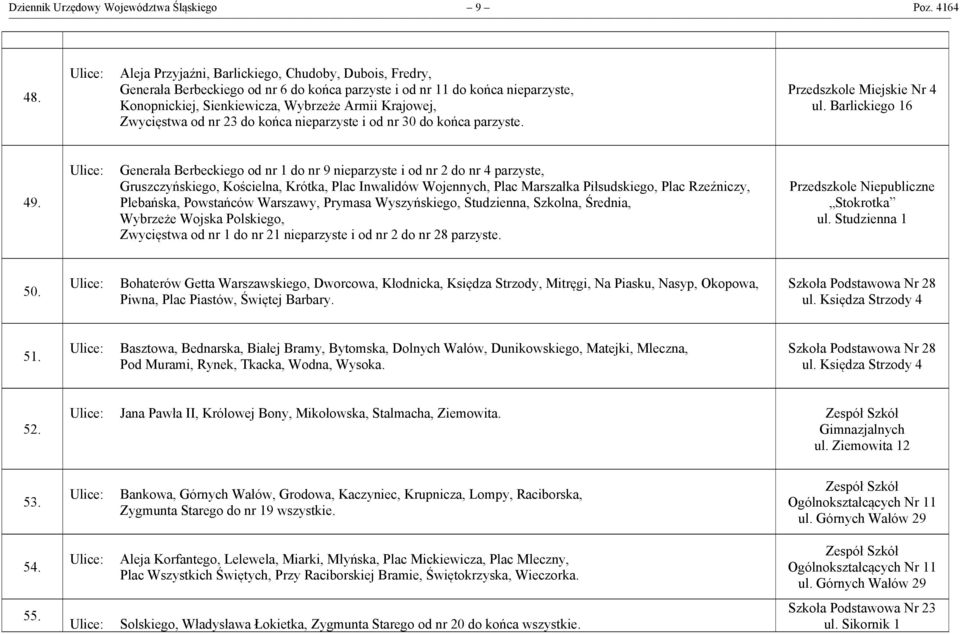 od nr 23 do końca nieparzyste i od nr 30 do końca parzyste. Przedszkole Miejskie Nr 4 ul. Barlickiego 16 49.