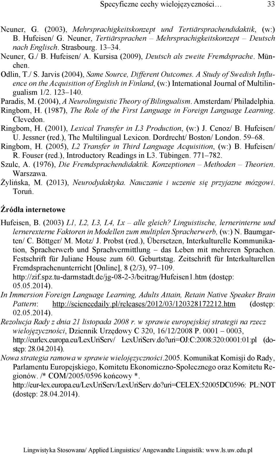 Jarvis (2004), Same Source, Different Outcomes. A Study of Swedish Influence on the Acquisition of English in Finland, (w:) International Journal of Multilingualism 1/2. 123 140. Paradis, M.