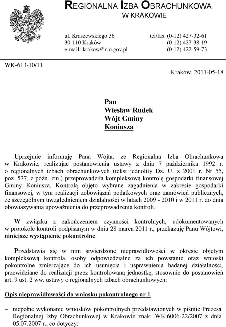 dnia 7 października 1992 r. o regionalnych izbach obrachunkowych (tekst jednolity Dz. U. z 2001 r. Nr 55, poz. 577, z późn. zm.