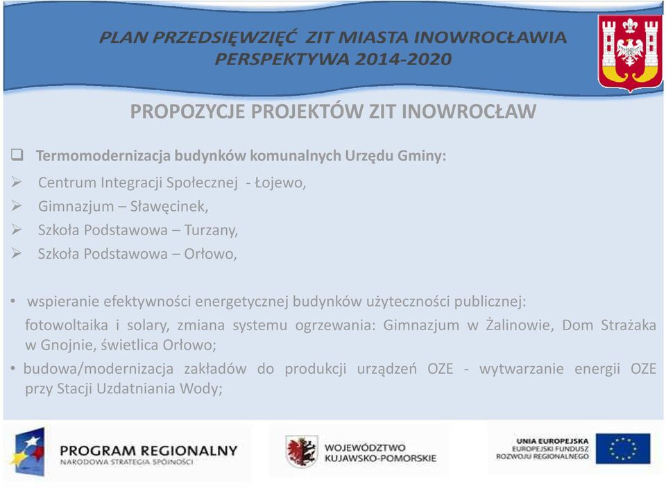budynków użyteczności publicznej: fotowoltaika i solary, zmiana systemu ogrzewania: Gimnazjum w Żalinowie, Dom Strażaka w