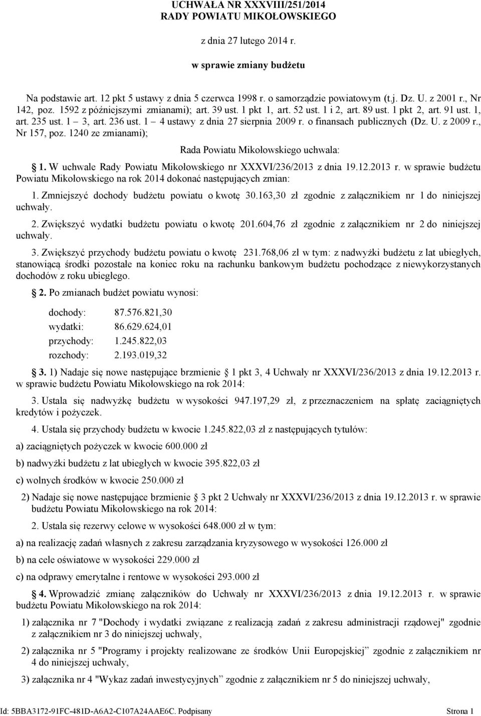 1 4 ustawy z dnia 27 sierpnia 2009 r. o finansach publicznych (Dz. U. z 2009 r., Nr 157, poz. 1240 ze zmianami); Rada Powiatu Mikołowskiego uchwala: 1.