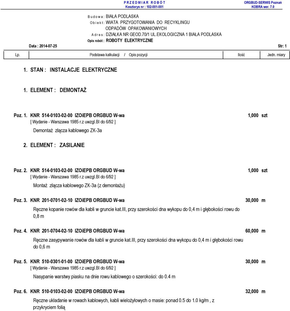 ELEMENT : ZASILANIE Poz. 2. KNR 514-0103-02-00 IZOiEPB ORGBUD W-wa MontaŜ złącza kablowego ZK-3a (z demontaŝu) Poz. 3.