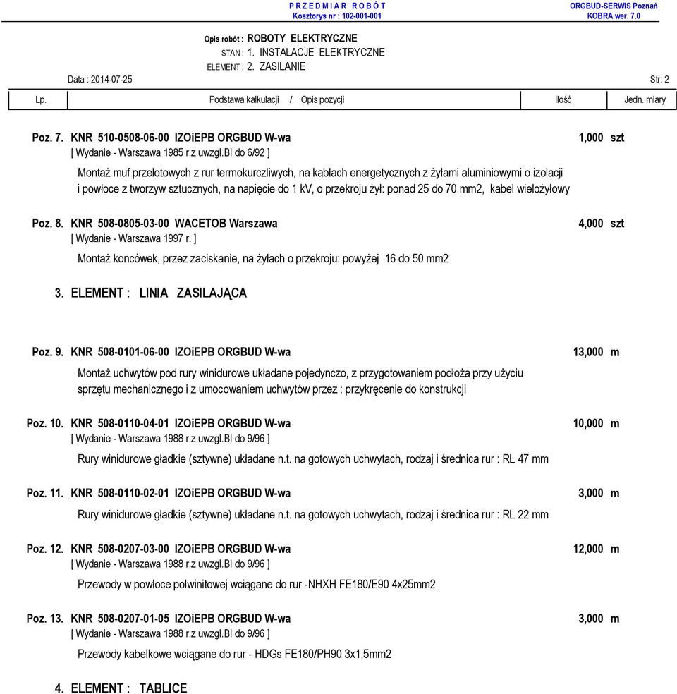 o przekroju Ŝył: ponad 25 do 70 mm2, kabel wieloŝyłowy Poz. 8. KNR 508-0805-03-00 WACETOB Warszawa MontaŜ koncówek, przez zaciskanie, na Ŝyłach o przekroju: powyŝej 16 do 50 mm2 4,000 szt 3.