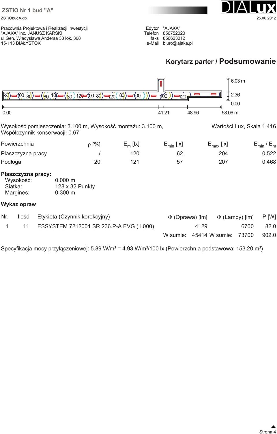 96 Wysoko pomieszczenia: 3.100 m, Wysoko monta u: 3.100 m, Współczynnik konserwacji: 0.67 2.36 0.00 58.