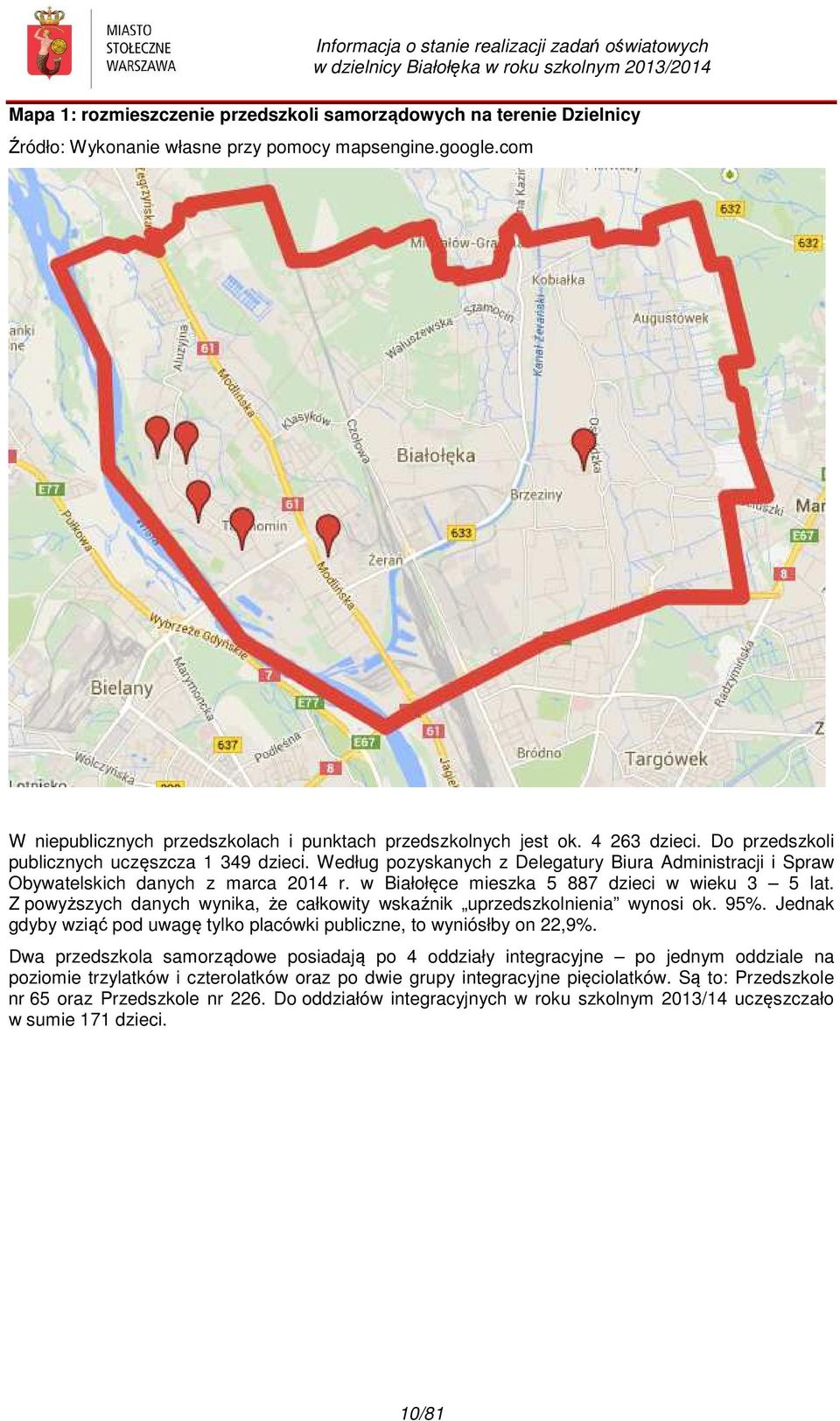 w Białołęce mieszka 5 887 dzieci w wieku 3 5 lat. Z powyższych danych wynika, że całkowity wskaźnik uprzedszkolnienia wynosi ok. 95%.