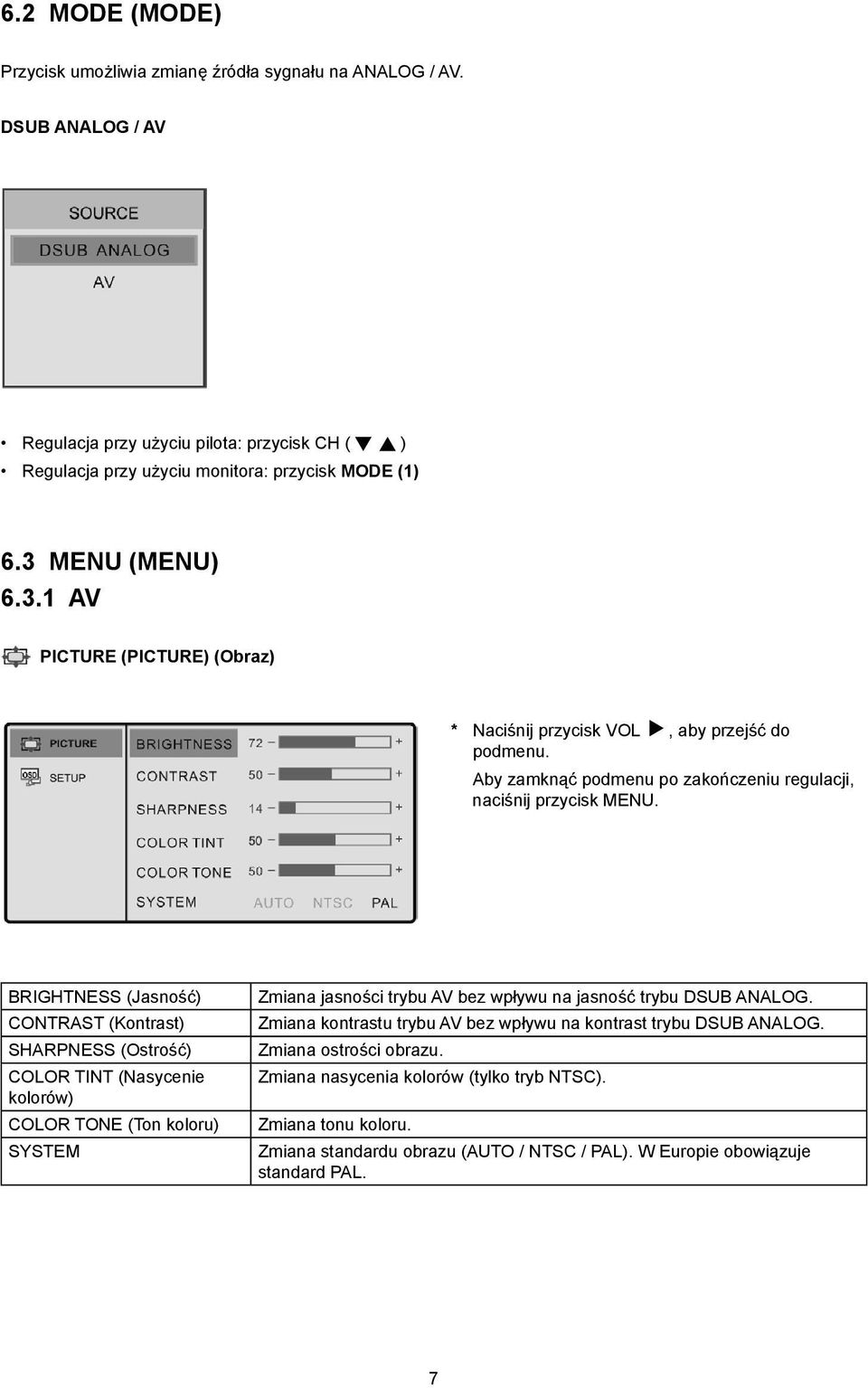 BRIGHTNESS (Jasność) CONTRAST (Kontrast) SHARPNESS (Ostrość) COLOR TINT (Nasycenie kolorów) COLOR TONE (Ton koloru) SYSTEM Zmiana jasności trybu AV bez wpływu na jasność trybu DSUB ANALOG.