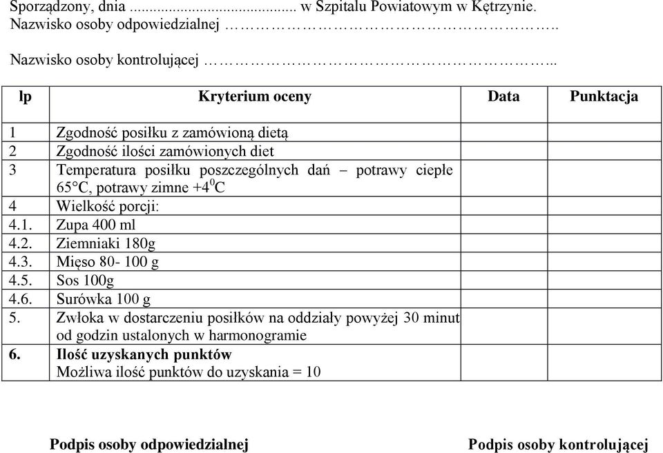 ciepłe 65 C, potrawy zimne +4 0 C 4 Wielkość porcji: 4.1. Zupa 400 ml 4.2. Ziemniaki 180g 4.3. Mięso 80-100 g 4.5. Sos 100g 4.6. Surówka 100 g 5.