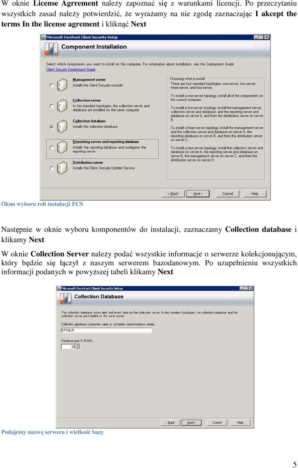 Okno wyboru roli instalacji FCS Następnie w oknie wyboru komponentów do instalacji, zaznaczamy Collection database i klikamy Next W oknie Collection