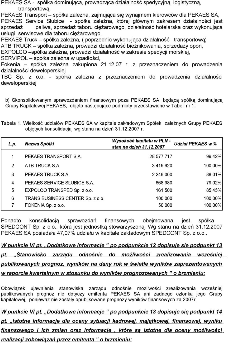 poprzednio wykonująca działalność transportową) ATB TRUCK spółka zależna, prowadzi działalność bieżnikowania, sprzedaży opon, EXPOLCO spółka zależna, prowadzi działalność w zakresie spedycji