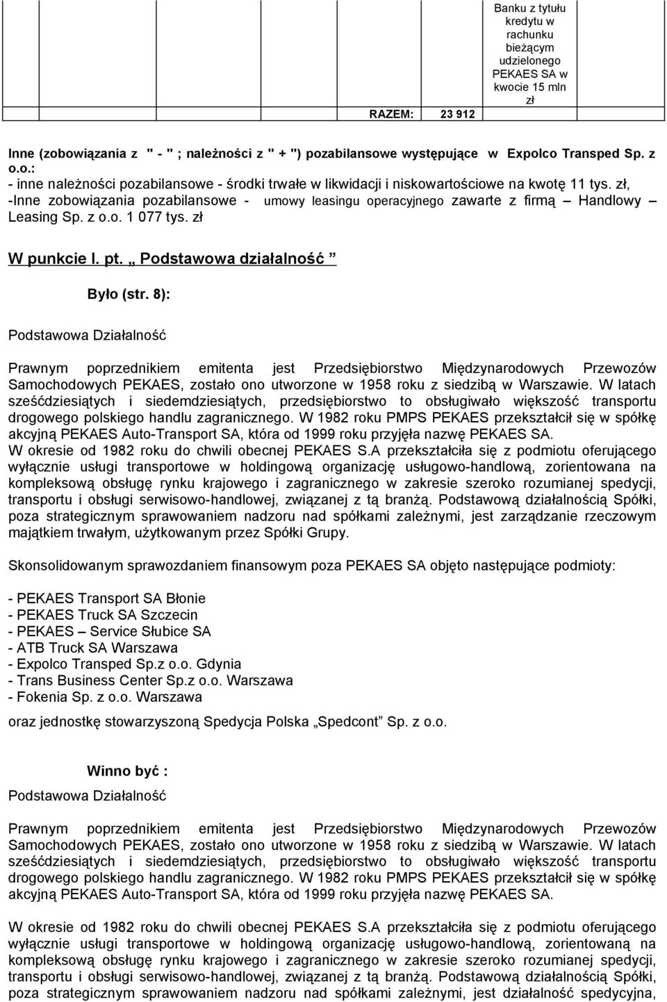 8): Podstawowa Działalność Prawnym poprzednikiem emitenta jest Przedsiębiorstwo Międzynarodowych Przewozów Samochodowych PEKAES, zostało ono utworzone w 1958 roku z siedzibą w Warszawie.