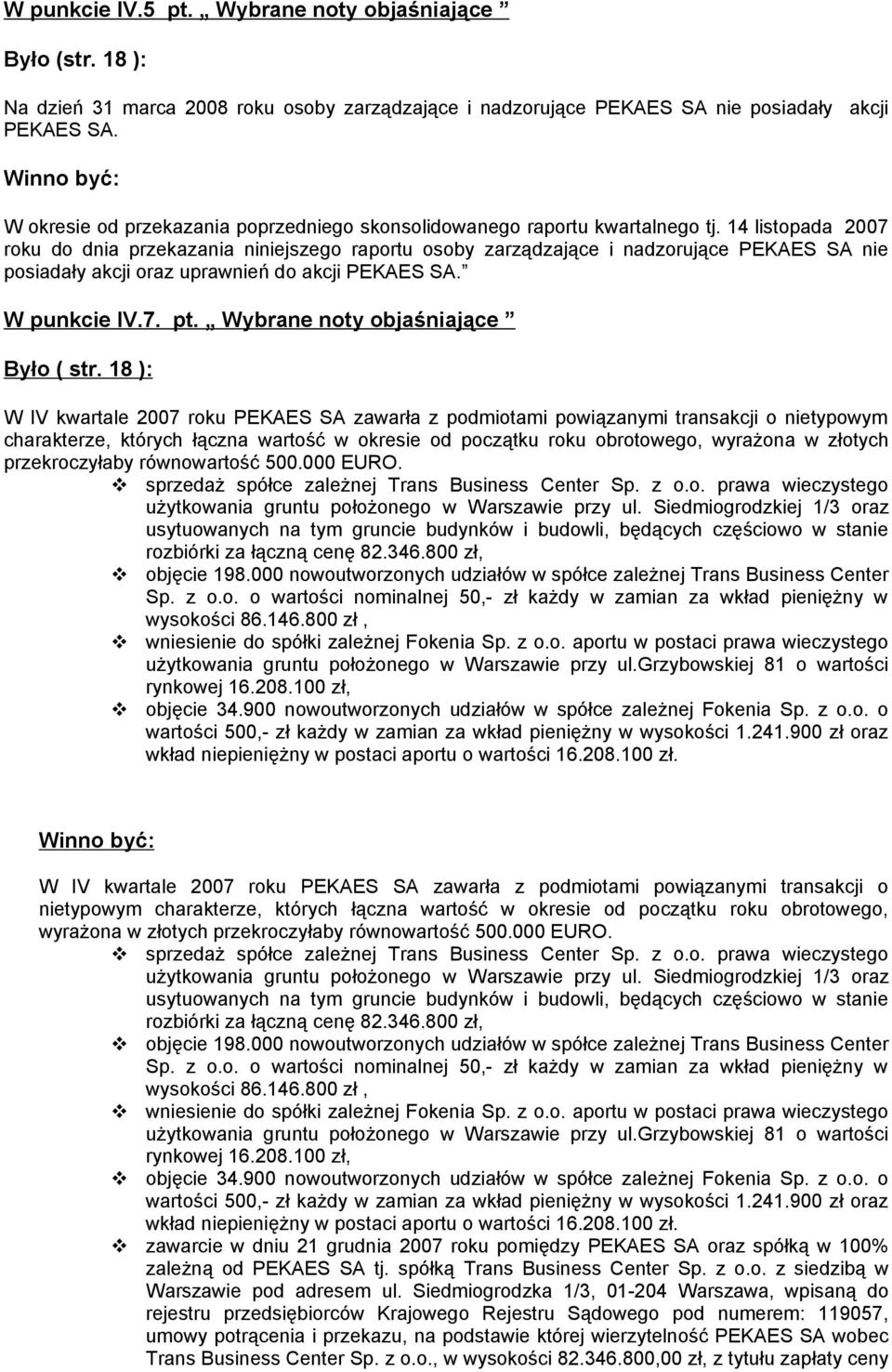 14 listopada 2007 roku do dnia przekazania niniejszego raportu osoby zarządzające i nadzorujące nie posiadały akcji oraz uprawnień do akcji. W punkcie IV.7. pt. Wybrane noty objaśniające Było ( str.