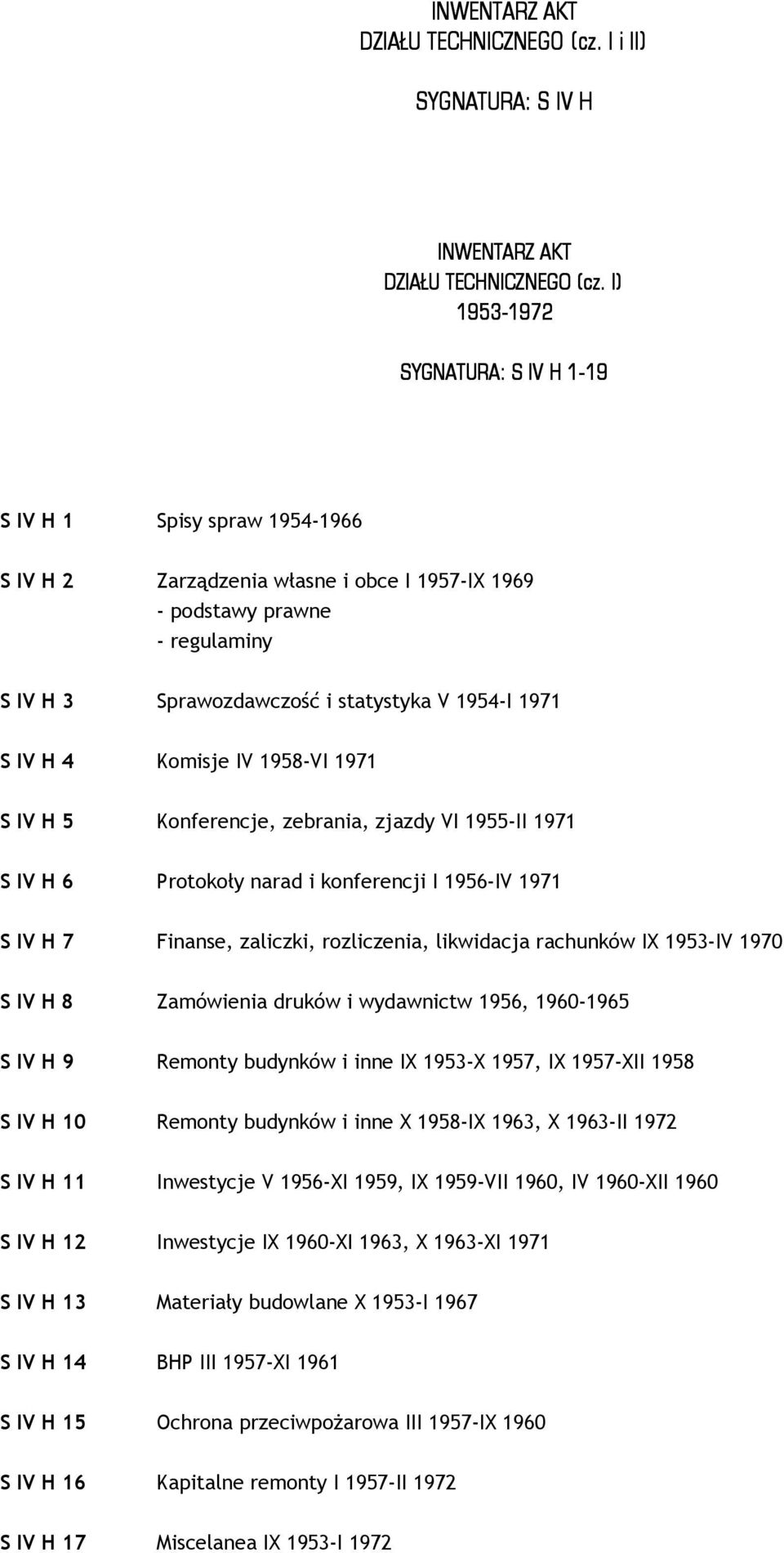 S IV H 4 Komisje IV 1958-VI 1971 S IV H 5 Konferencje, zebrania, zjazdy VI 1955-II 1971 S IV H 6 Protokoły narad i konferencji I 1956-IV 1971 S IV H 7 Finanse, zaliczki, rozliczenia, likwidacja