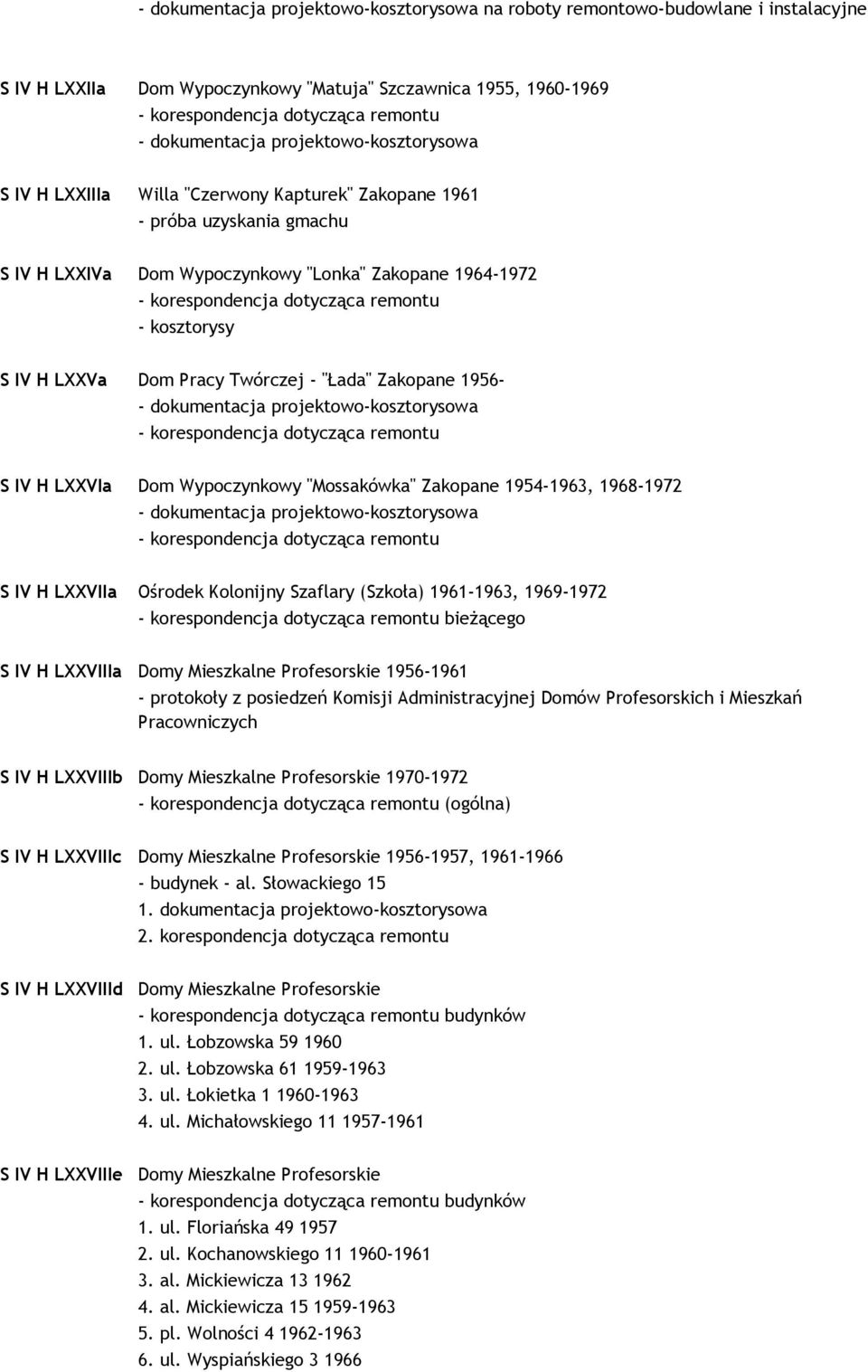 H LXXVIIa Ośrodek Kolonijny Szaflary (Szkoła) 1961-1963, 1969-1972 bieŝącego S IV H LXXVIIIa Domy Mieszkalne Profesorskie 1956-1961 - protokoły z posiedzeń Komisji Administracyjnej Domów