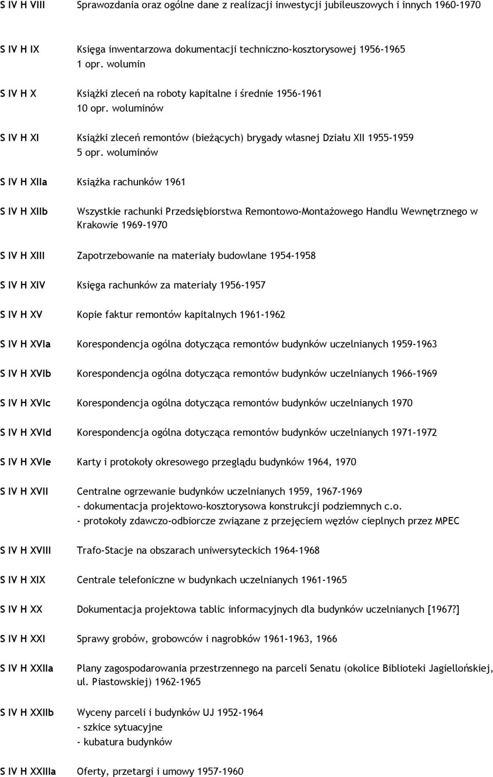 woluminów S IV H XIIa KsiąŜka rachunków 1961 S IV H XIIb Wszystkie rachunki Przedsiębiorstwa Remontowo-MontaŜowego Handlu Wewnętrznego w Krakowie 1969-1970 S IV H XIII Zapotrzebowanie na materiały