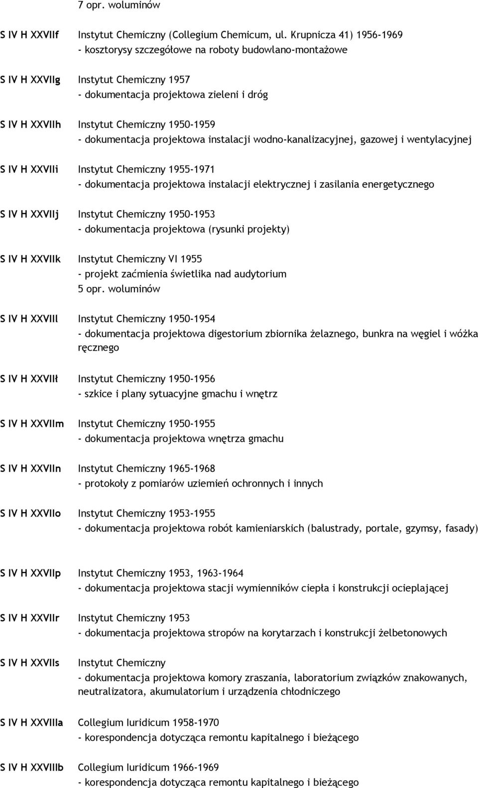 1950-1959 - dokumentacja projektowa instalacji wodno-kanalizacyjnej, gazowej i wentylacyjnej S IV H XXVIIi Instytut Chemiczny 1955-1971 - dokumentacja projektowa instalacji elektrycznej i zasilania
