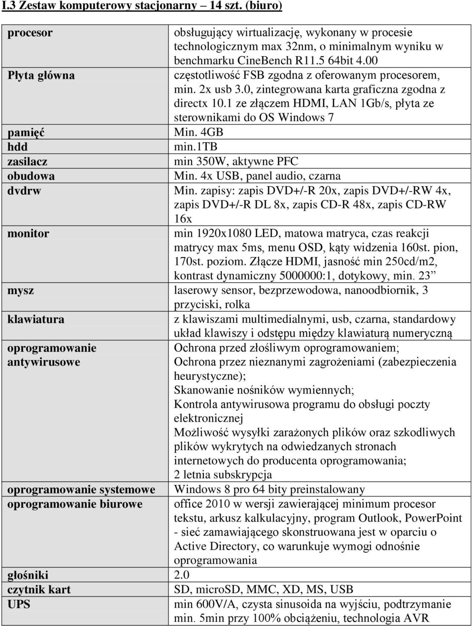 1 ze złączem HDMI, LAN 1Gb/s, płyta ze sterownikami do OS Windows 7 pamięć Min. 4GB hdd min.1tb zasilacz min 350W, aktywne PFC obudowa Min. 4x USB, panel audio, czarna dvdrw Min.