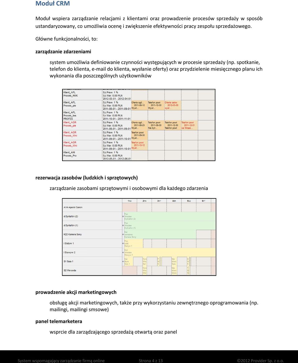 spotkanie, telefon do klienta, e-mail do klienta, wysłanie oferty) oraz przydzielenie miesięcznego planu ich wykonania dla poszczególnych użytkowników rezerwacja zasobów (ludzkich i sprzętowych)