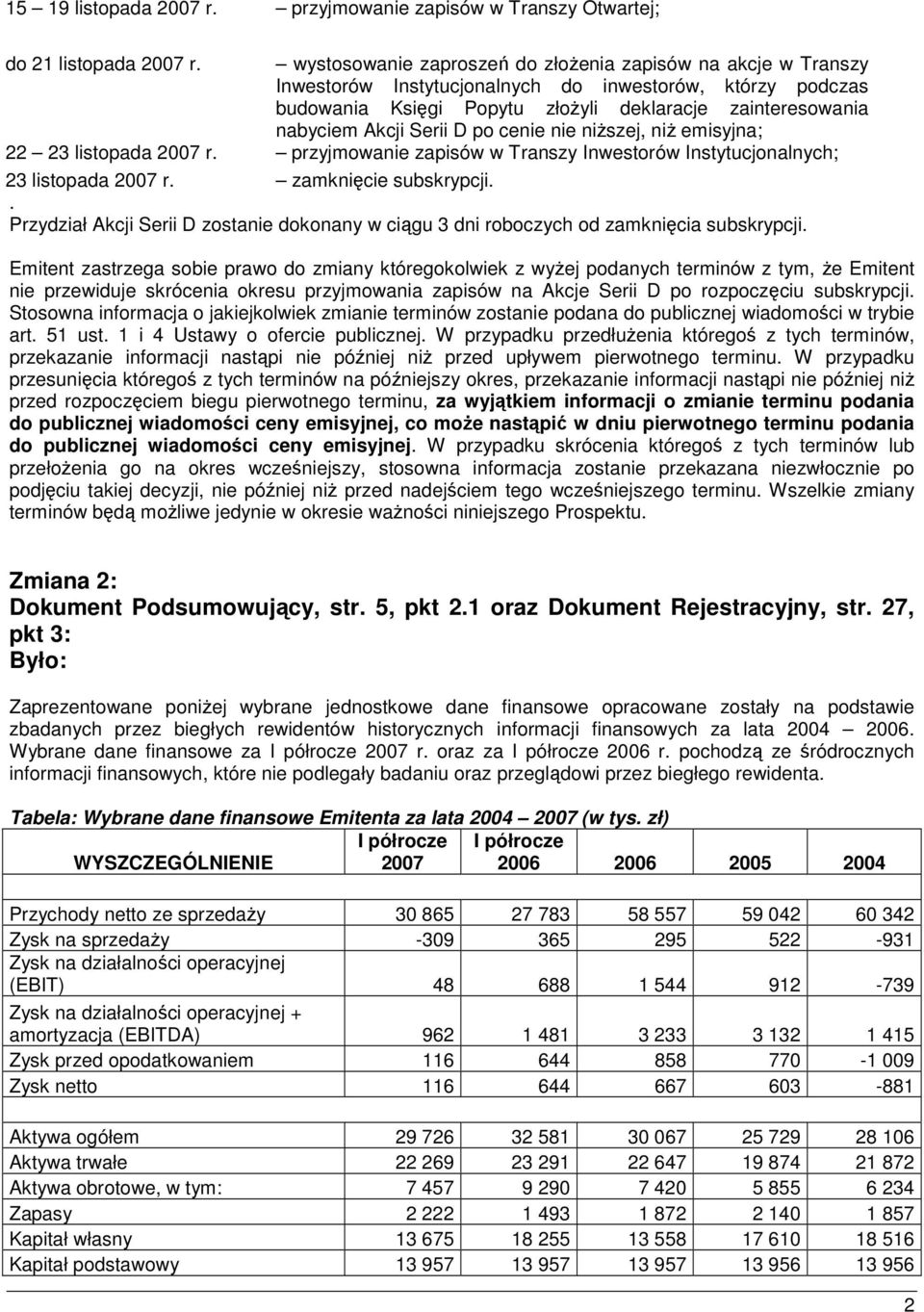 Serii D po cenie nie niŝszej, niŝ emisyjna; 22 23 listopada 2007 r. przyjmowanie zapisów w Transzy Inwestorów Instytucjonalnych; 23 listopada 2007 r. zamknięcie subskrypcji.