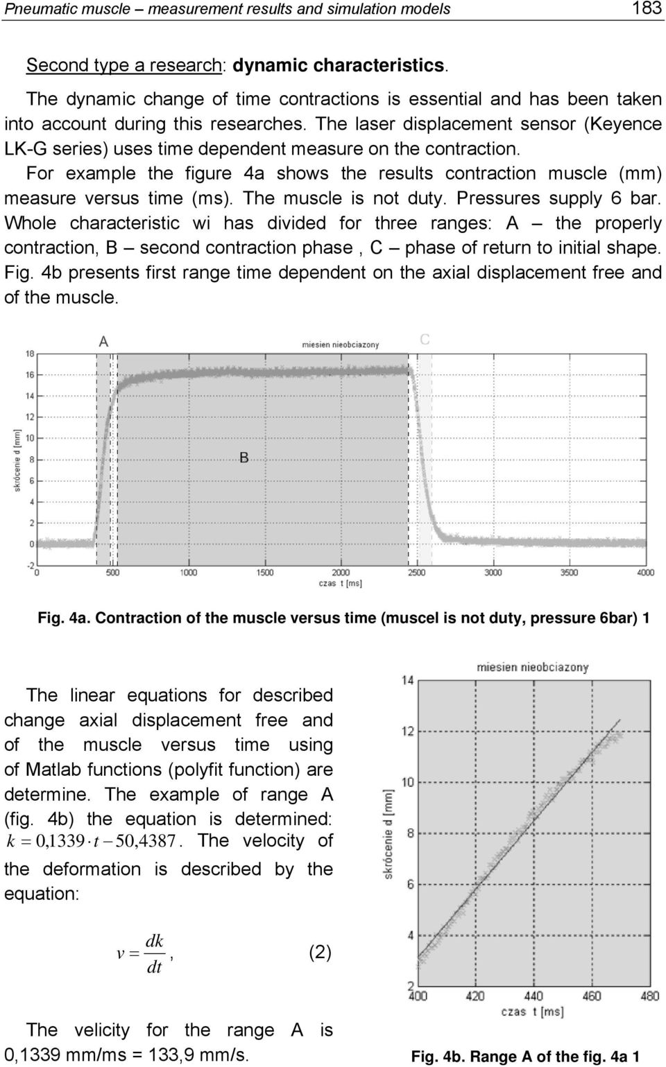 The laser displacement sensor (Keyence LK-G series) uses time dependent measure on the contraction. For example the figure 4a shows the results contraction muscle (mm) measure versus time (ms).