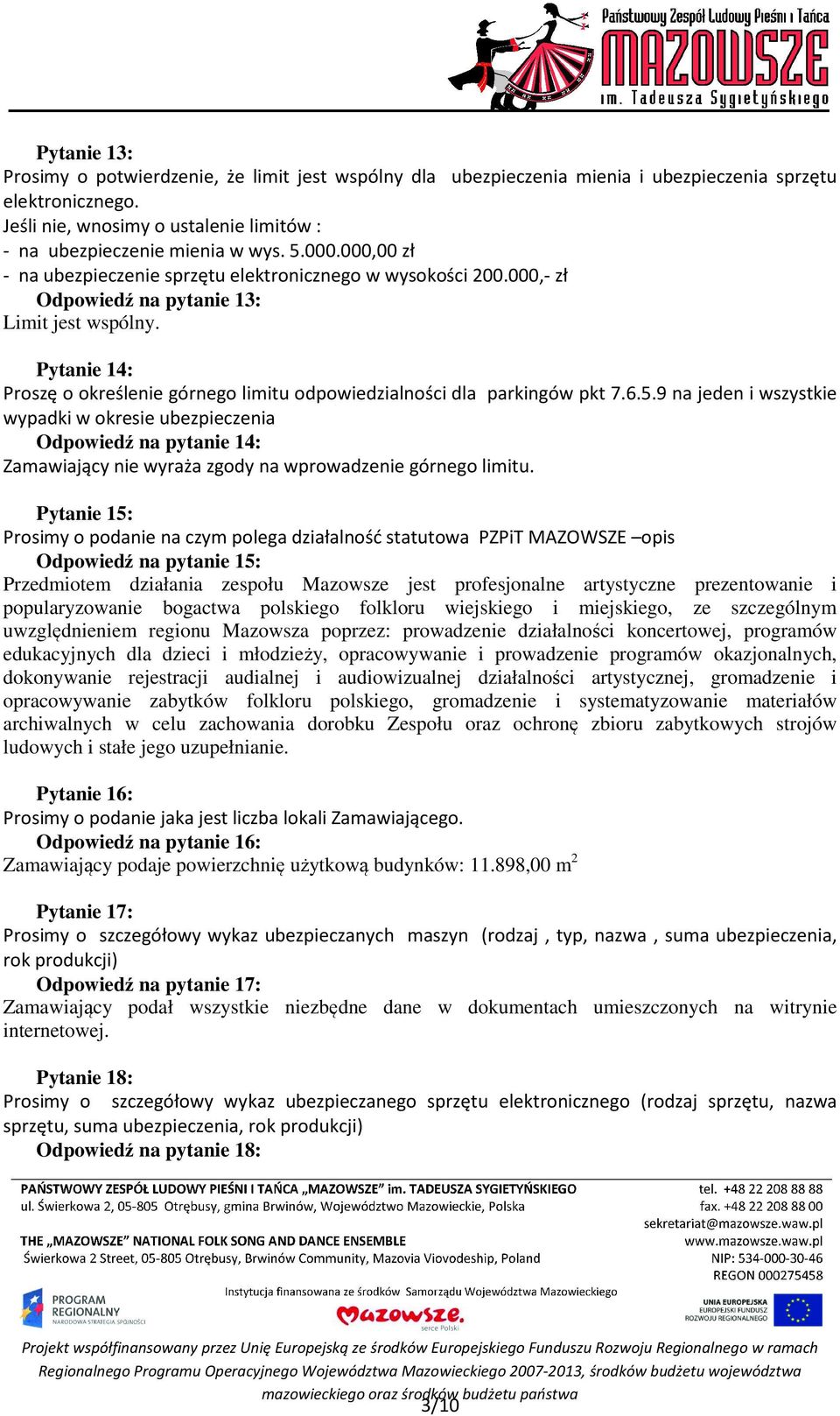 Pytanie 14: Proszę o określenie górnego limitu odpowiedzialności dla parkingów pkt 7.6.5.