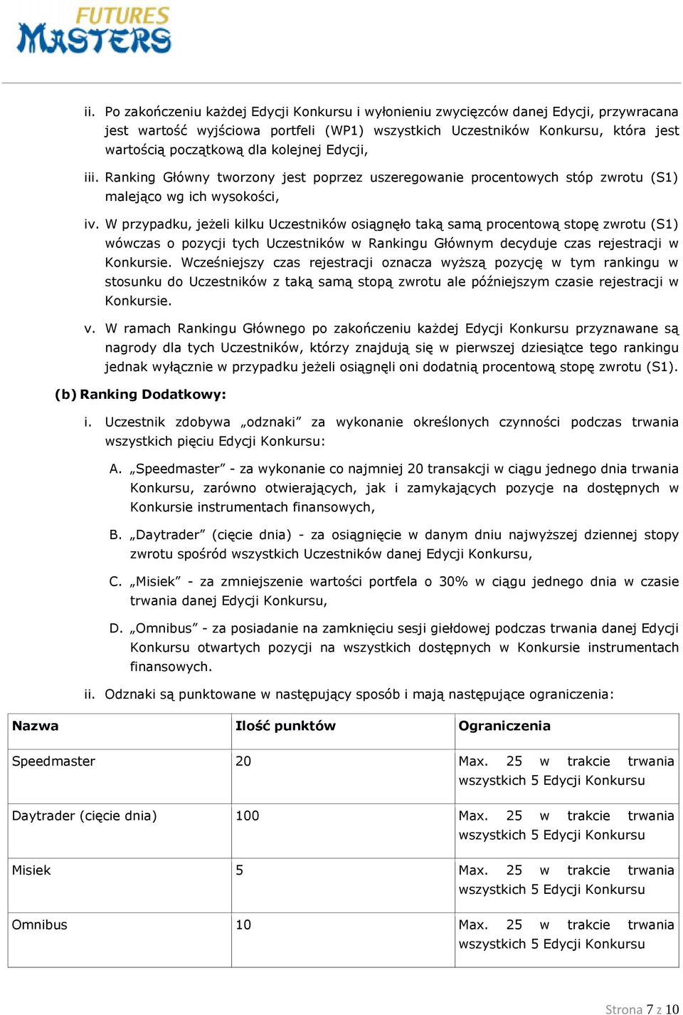 W przypadku, jeżeli kilku Uczestników osiągnęło taką samą procentową stopę zwrotu (S1) wówczas o pozycji tych Uczestników w Rankingu Głównym decyduje czas rejestracji w Konkursie.