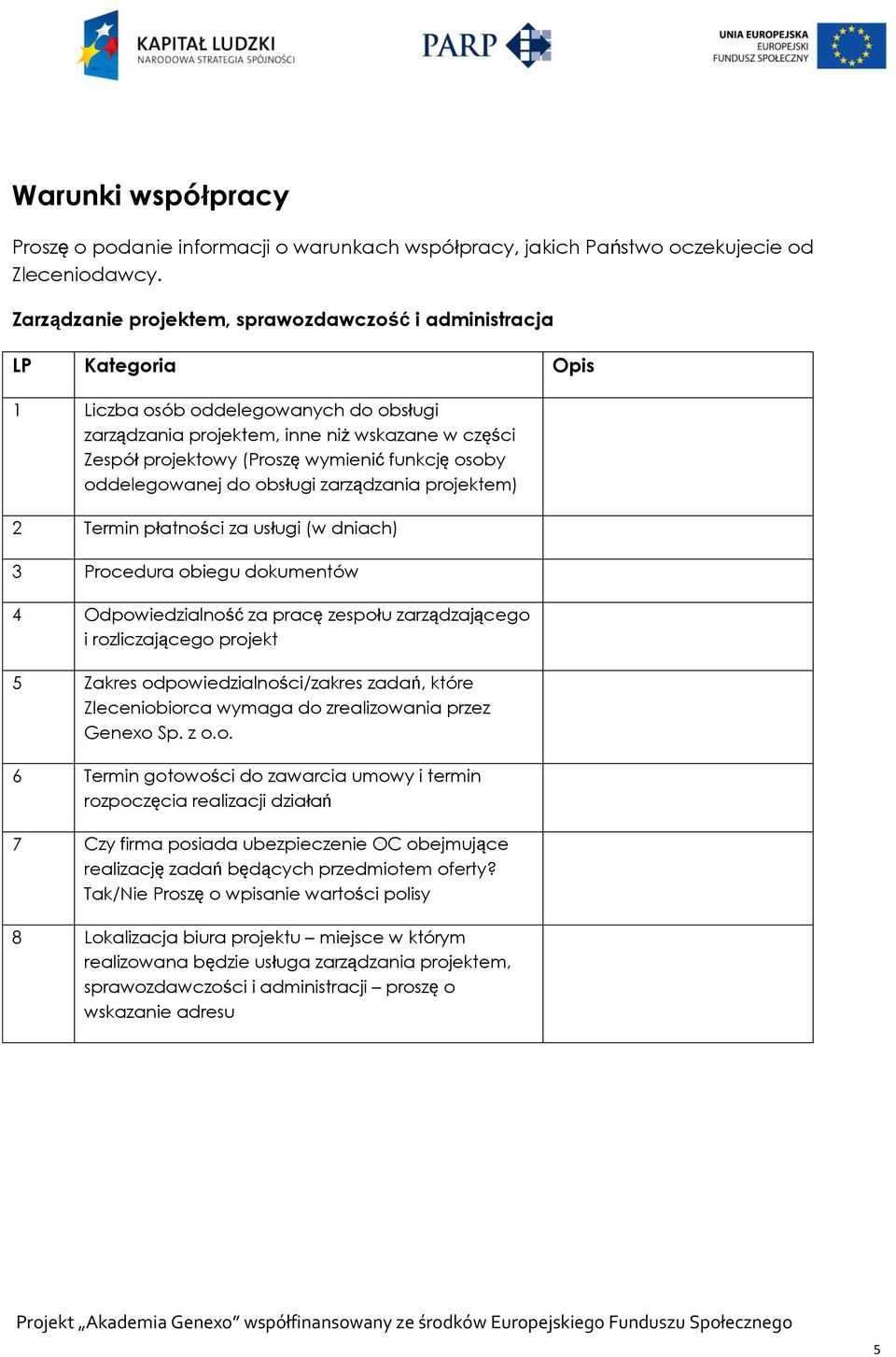 funkcję osoby oddelegowanej do obsługi zarządzania projektem) 2 Termin płatności za usługi (w dniach) 3 Procedura obiegu dokumentów 4 Odpowiedzialność za pracę zespołu zarządzającego i rozliczającego