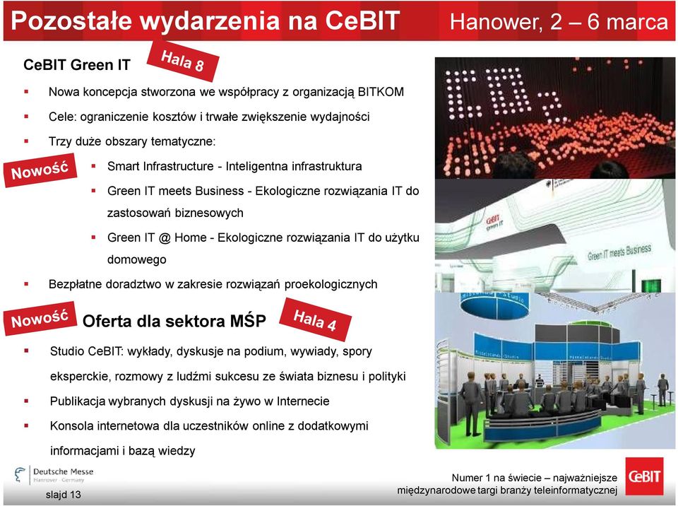 IT do użytku domowego Bezpłatne doradztwo w zakresie rozwiązań proekologicznych Oferta dla sektora MŚP Studio CeBIT: wykłady, dyskusje na podium, wywiady, spory eksperckie, rozmowy z