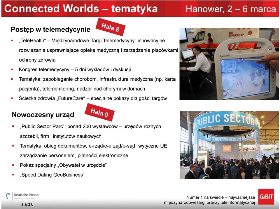 karta pacjenta), telemonitoring, nadzór nad chorymi w domach Ścieżka zdrowia FutureCare specjalne pokazy dla gości targów Nowoczesny urząd Public Sector Parc : ponad 200