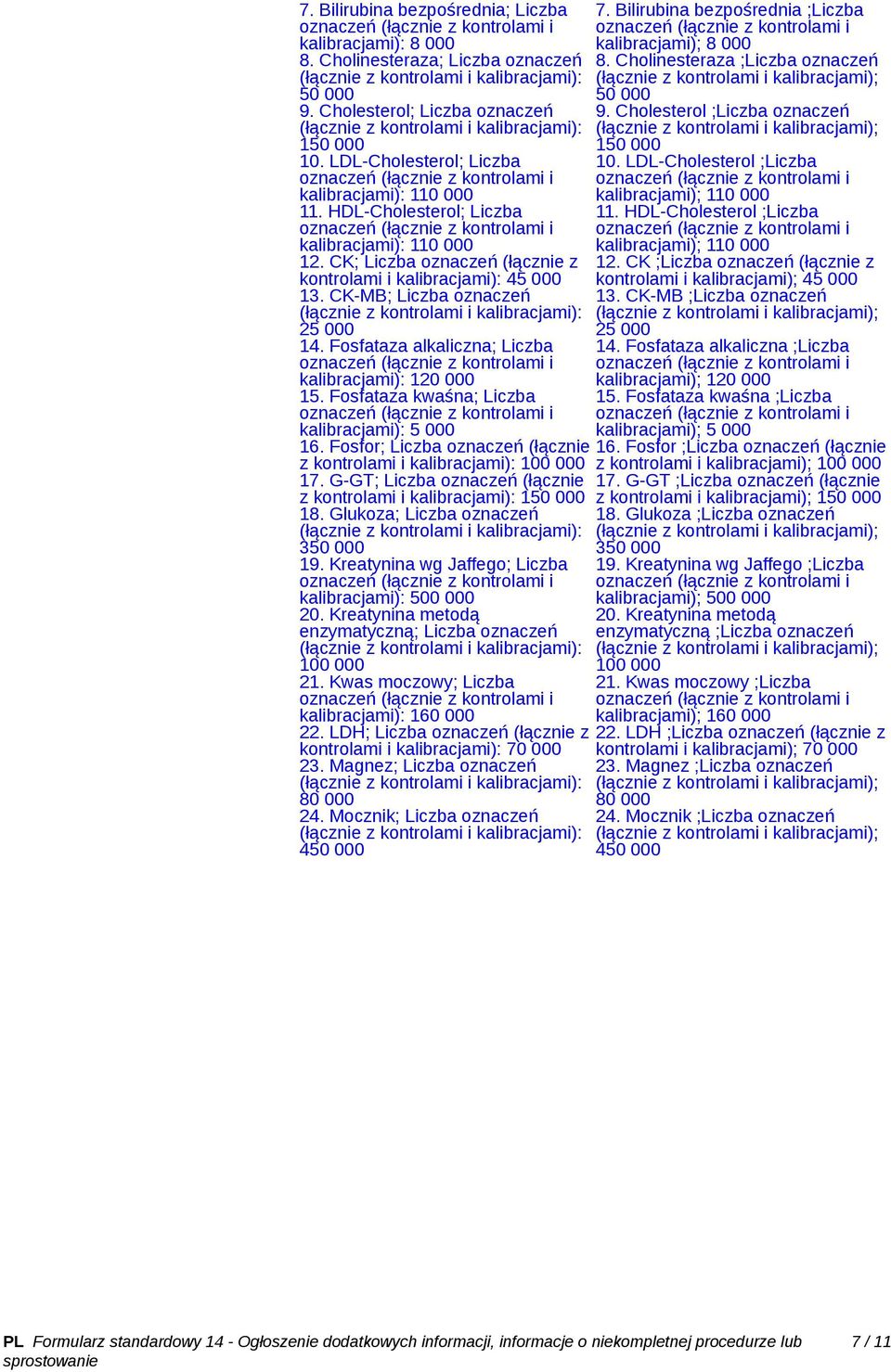 HDL-Cholesterol ;Liczba kalibracjami): 110 000 kalibracjami); 110 000 12. CK; Liczba oznaczeń (łącznie z 12.