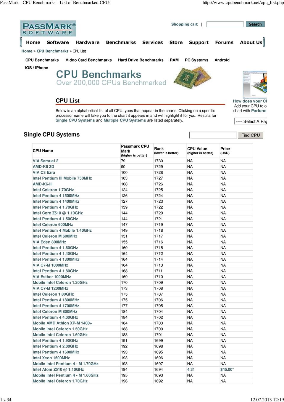 Clicking on a specific processor name will take you to the chart it appears in and will highlight it for you. Results for Single CPU Systems and Multiple CPU Systems are listed separately.
