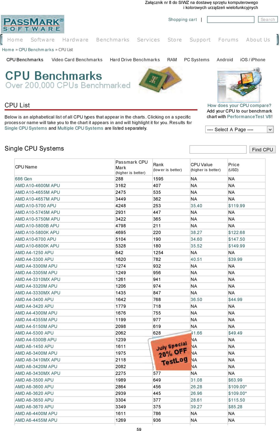 Clicking on a specific processor name will take you to the chart it appears in and will highlight it for you. Results for Single CPU Systems and Multiple CPU Systems are listed separately.