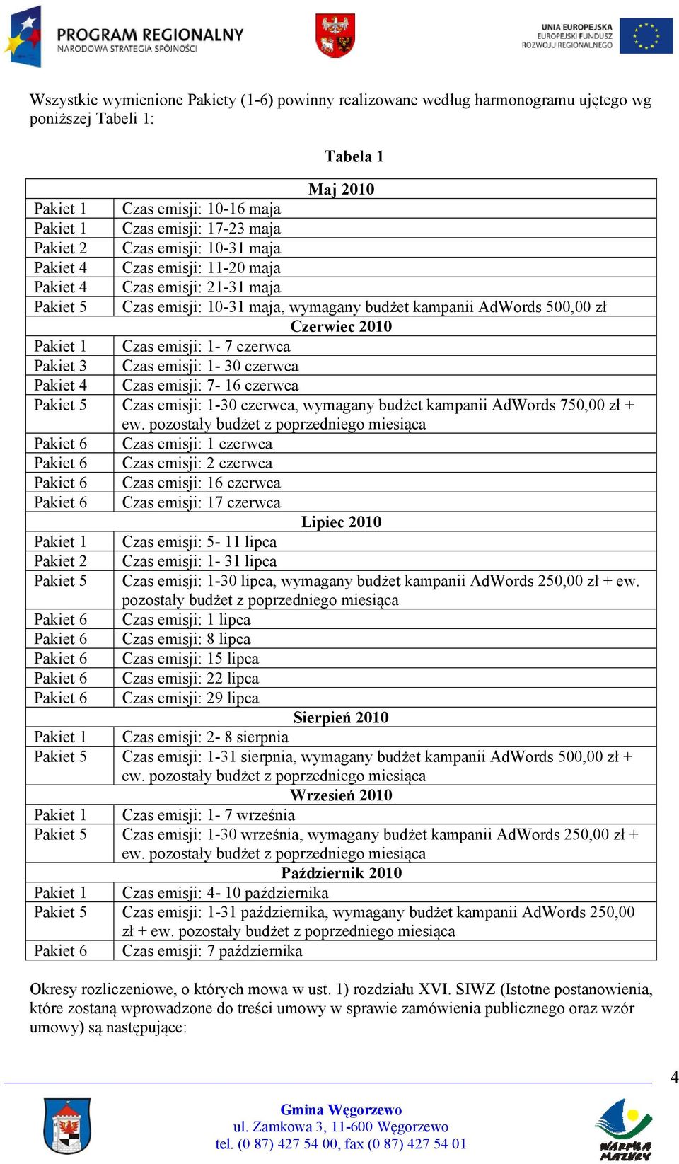 emisji: 1-7 czerwca Pakiet 3 Czas emisji: 1-30 czerwca Pakiet 4 Czas emisji: 7-16 czerwca Pakiet 5 Czas emisji: 1-30 czerwca, wymagany budżet kampanii AdWords 750,00 zł + Pakiet 6 Czas emisji: 1